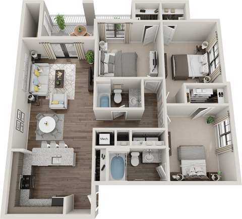 Floor plan for 3 beds, 2 baths, 1264 sqft